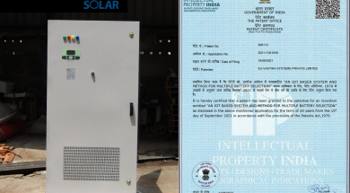 Start-up Su-vastika Solar received a Patent for its IoT Based System from the Government of India